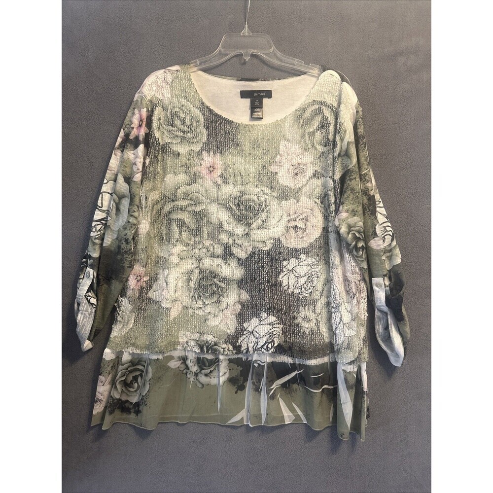 Ali Miles Floral Top Mesh Sequins Plus Roll Tab Size 1X Green Cottagecore Fairy